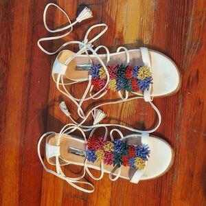 Halogen Lace Up Strappy Rainbow Pom-Poms Sandals Sz 8.5